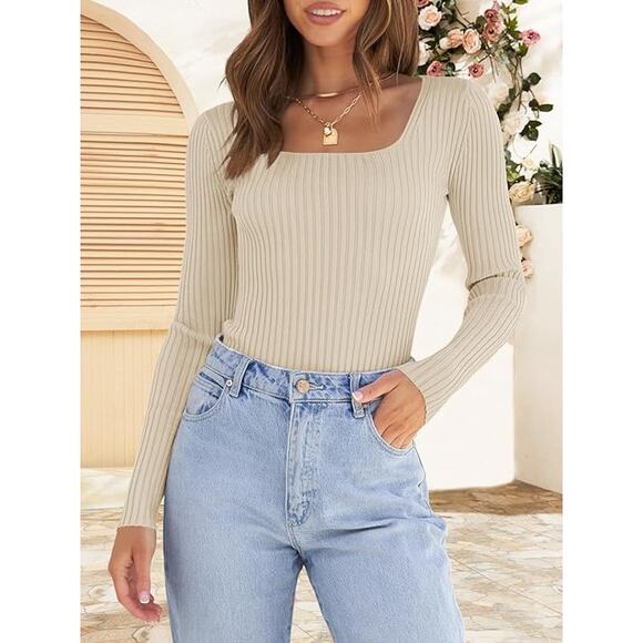 New XL Fitted, Ribbed, Square Neck, Long Sleeve Shirt in Apricot - Picture 2 of 6